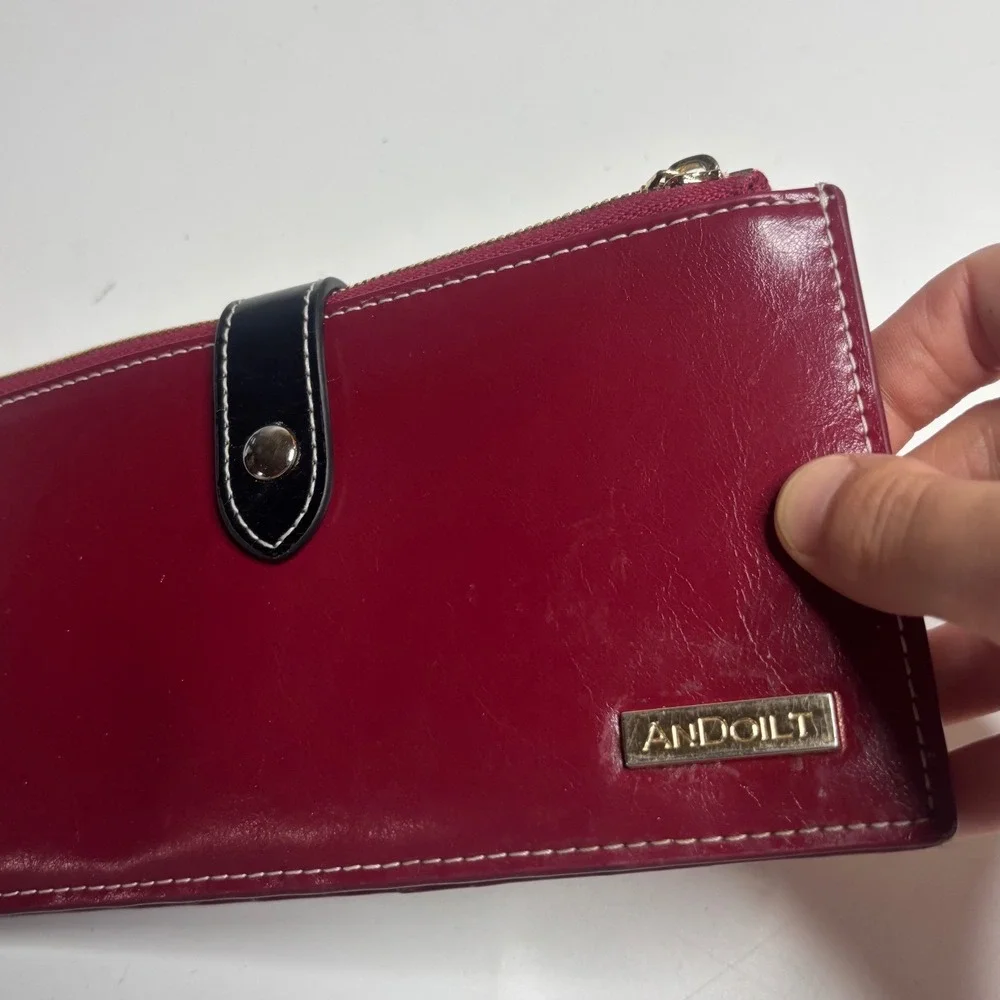 Andoilt Burgundy Leather Slim Bifold Wallet Zipper Pocket VTG Classy Chic Preppy